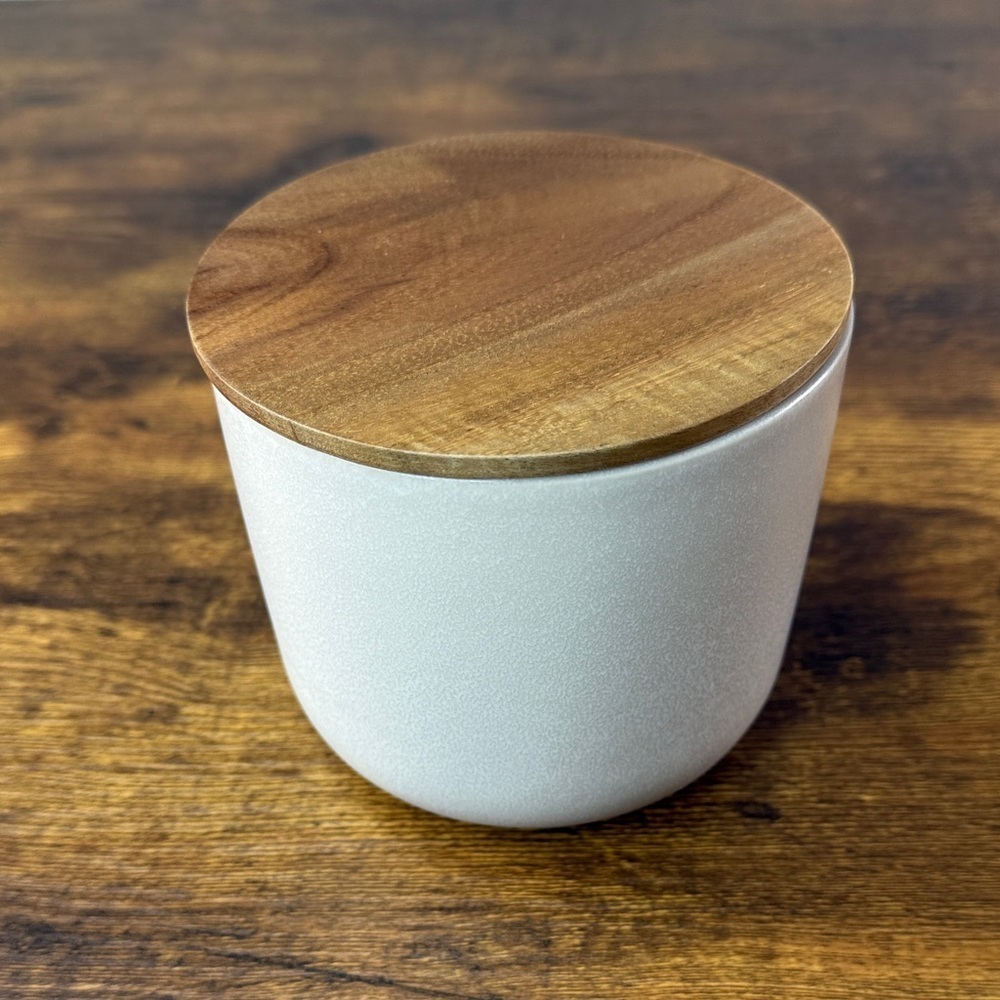 Crate&Barrel Cream Vase with Brown Wooden Lid